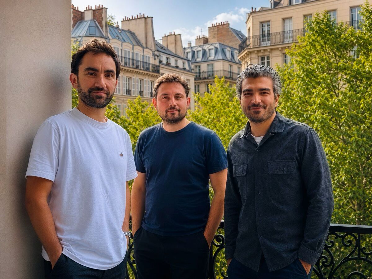 Concord's three co-founders, Nathan Venezia, Nicolas Cosson and Antoine Chwalek, on a balcony in Paris